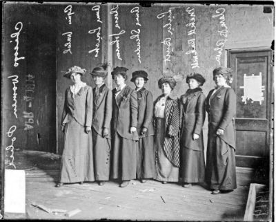 Policewomen Agnes Walsh (from left), Anna Loucks, Theresa Johnson, Anna Sheridan, Lulu Burt, Mabel Rockwell, and Miss Clara B. Olsen.  Source: Chicago History Museum