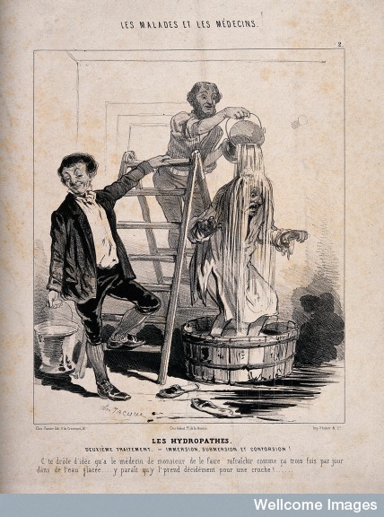 V0011765 A man is treated to a cascade of water in the name of hydrop